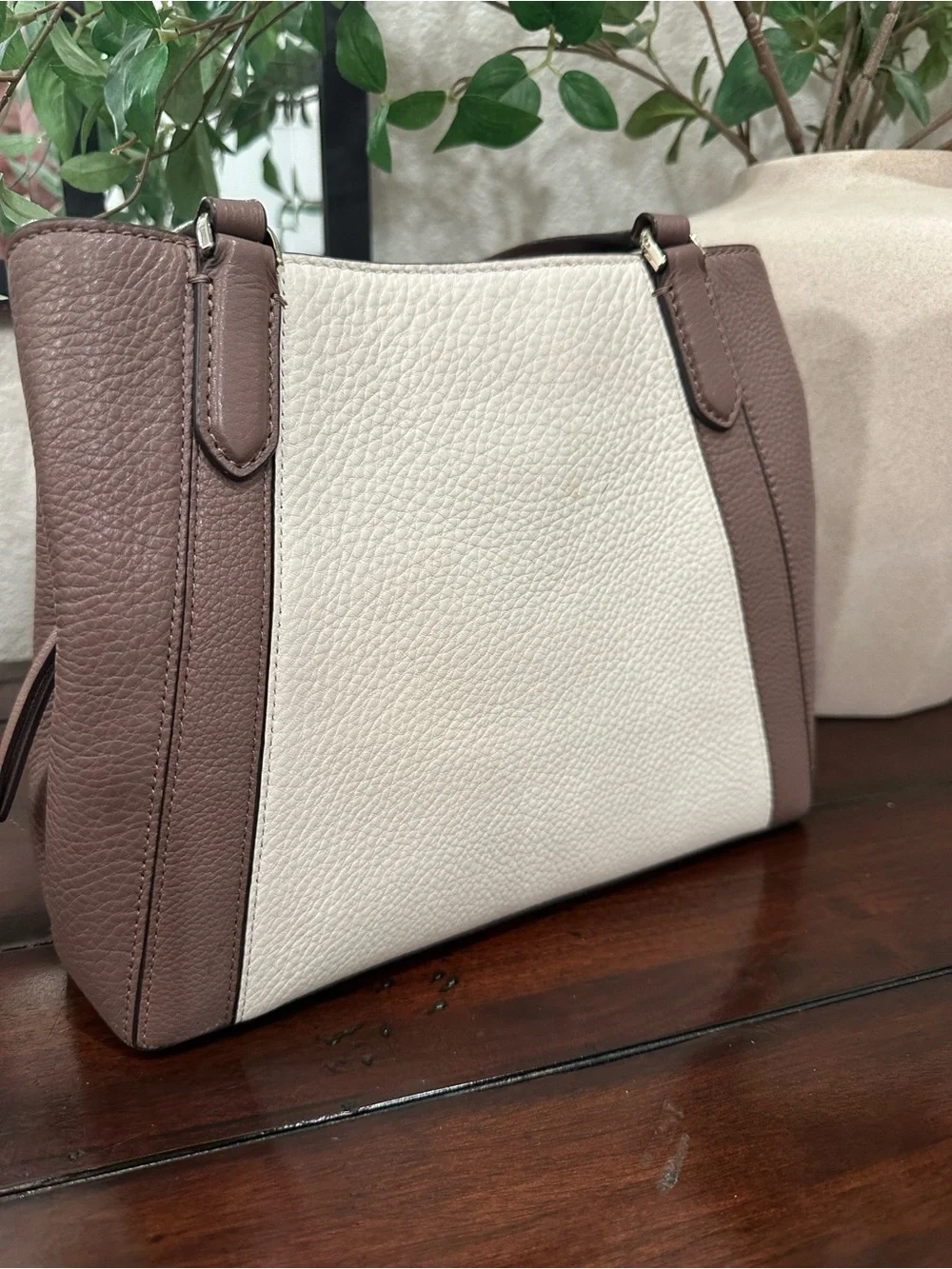 kate spade Two-Tone Pebbled Leather Satchel in Cream and Mauve Brown